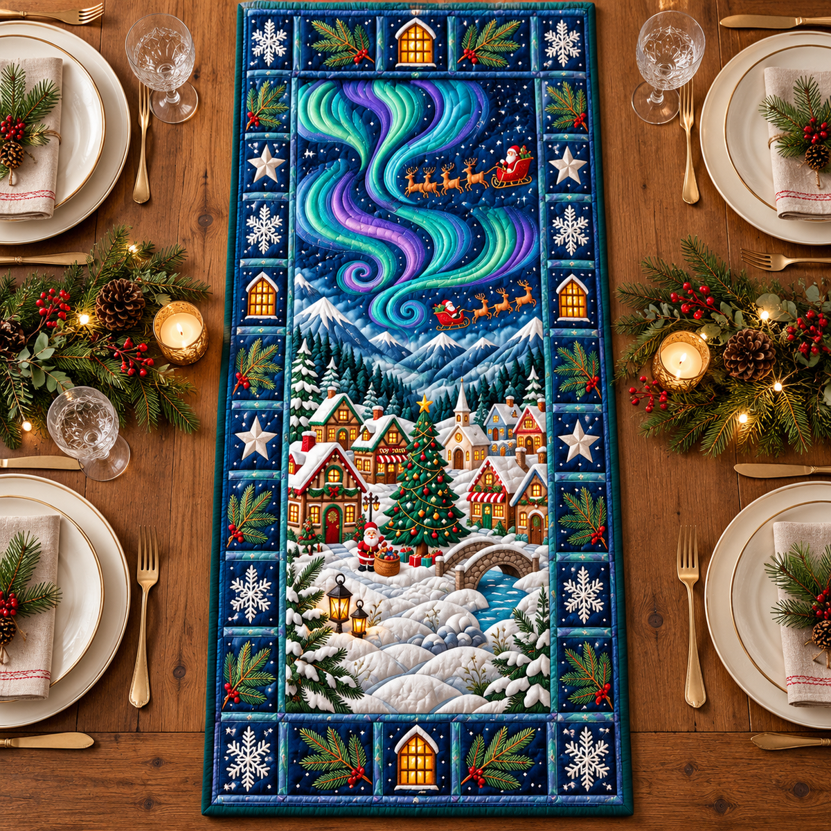 Aurora Village Quilted Table Runner - quilted table runner close-up