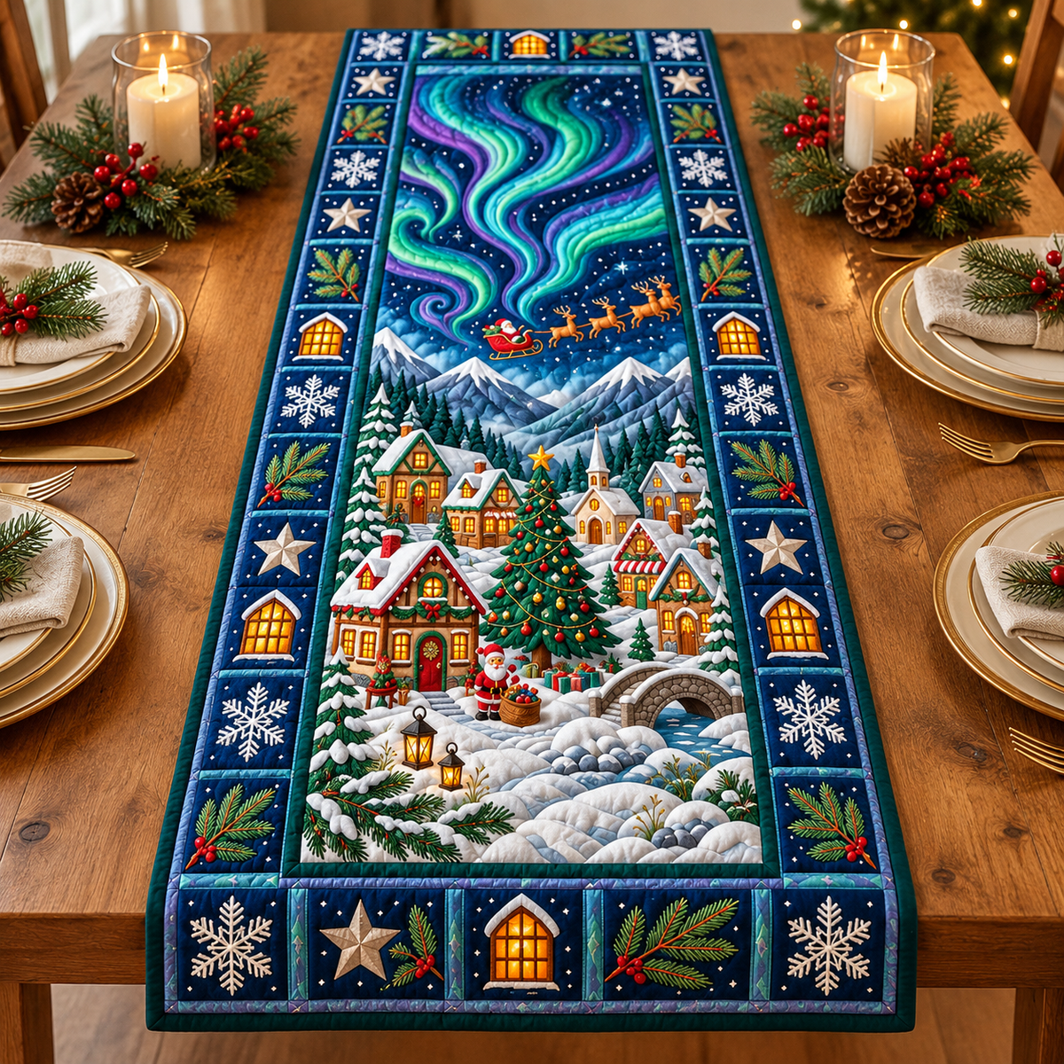 Aurora Village Quilted Table Runner - quilted table runner