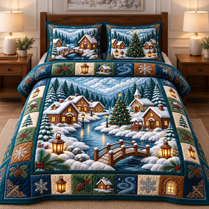 Snowy Cabin Village Quilted Bedding Set - quilted bedding set