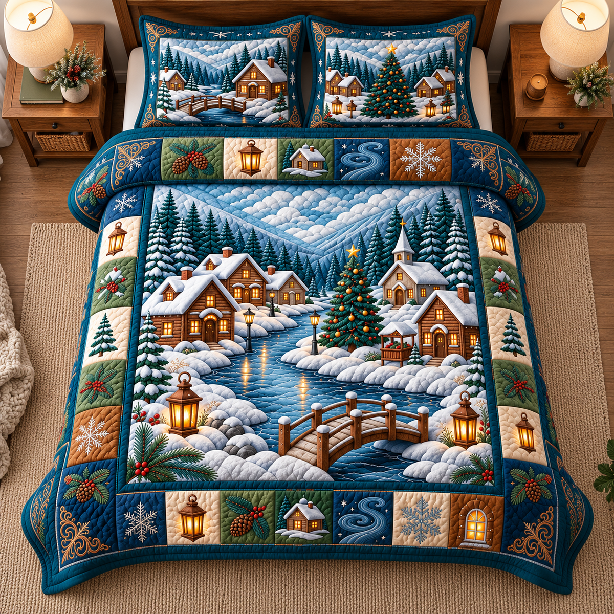 Snowy Cabin Village Quilted Bedding Set - quilted bedding set close-up