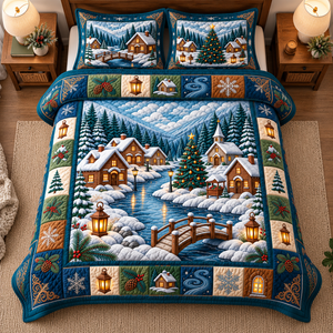 Snowy Cabin Village Quilted Bedding Set - quilted bedding set close-up