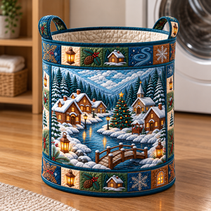 Snowy Cabin Christmas Gifts Laundry Basket - quilted laundry hamper in room