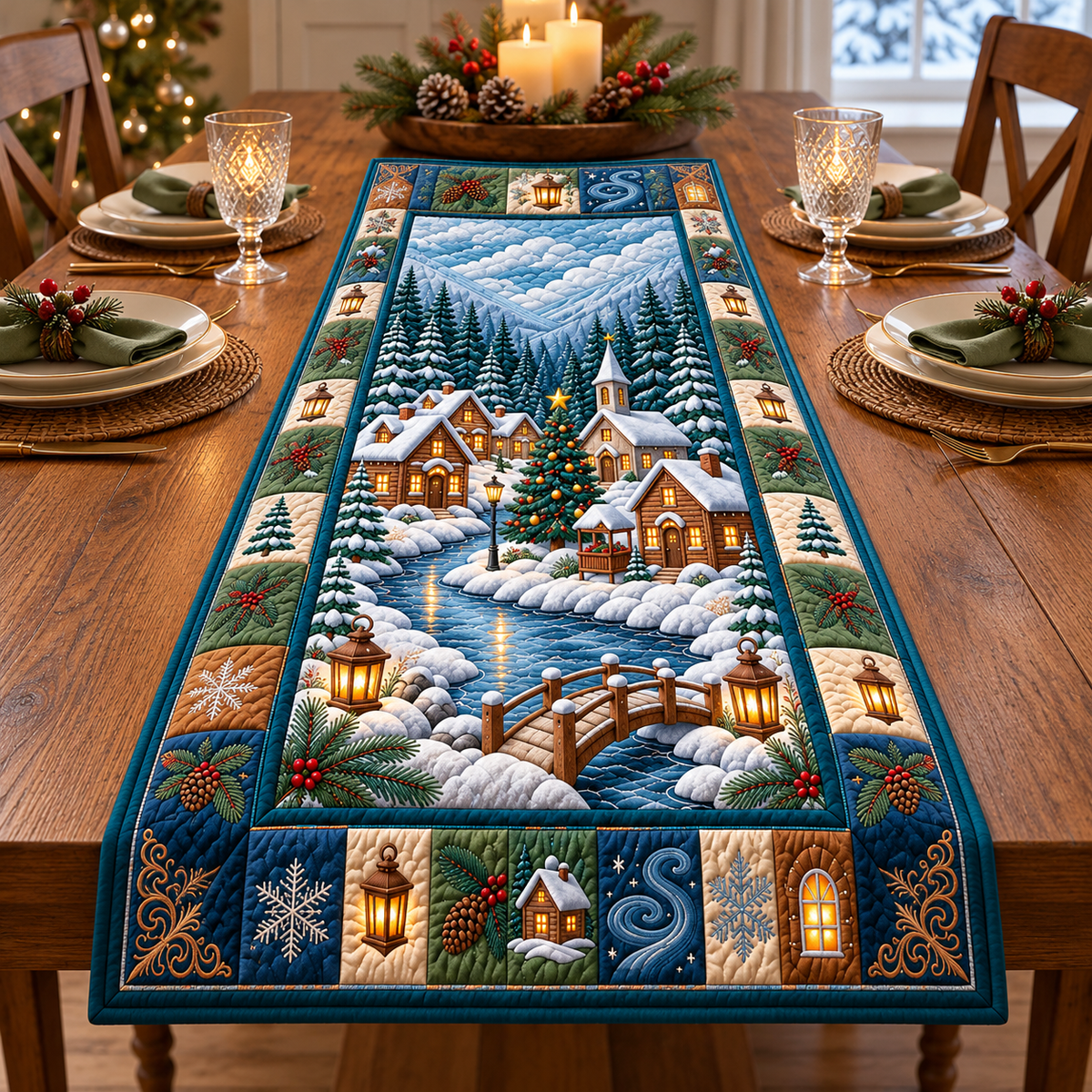 Snowy Cabin Quilted Table Runner - quilted table runner