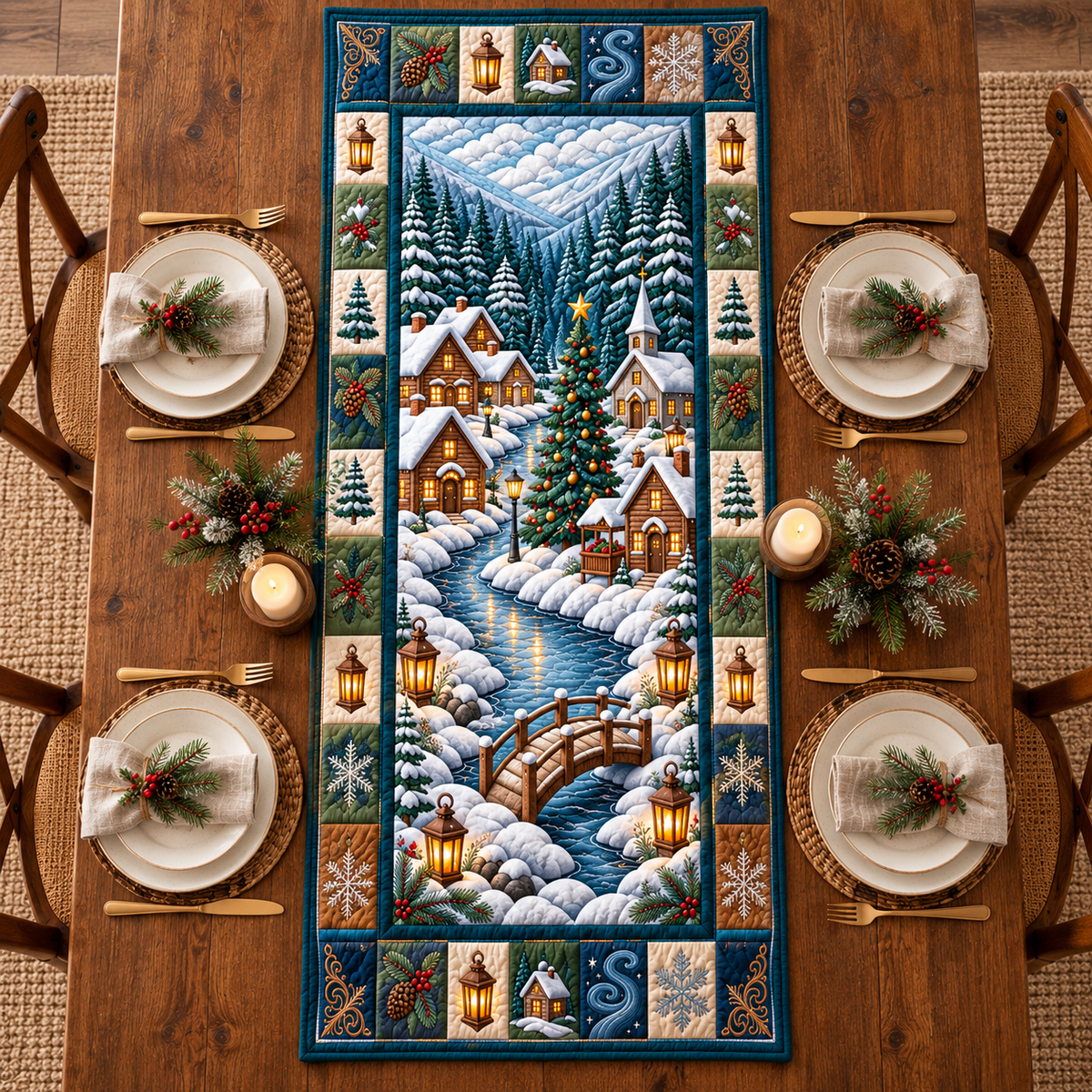 Snowy Cabin Quilted Table Runner - quilted table runner close-up
