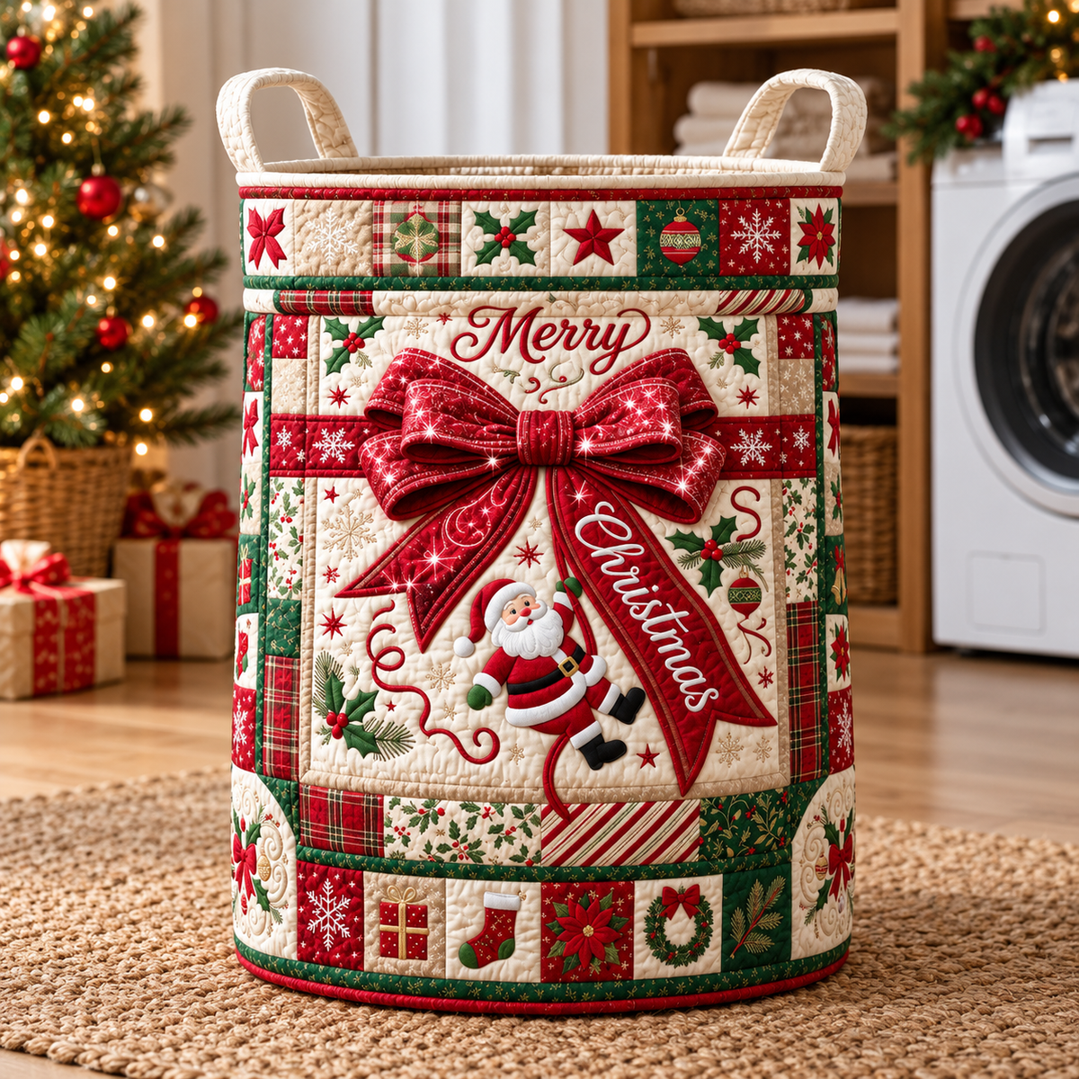 Santa Red Bow Christmas Gifts Laundry Basket - laundry basket