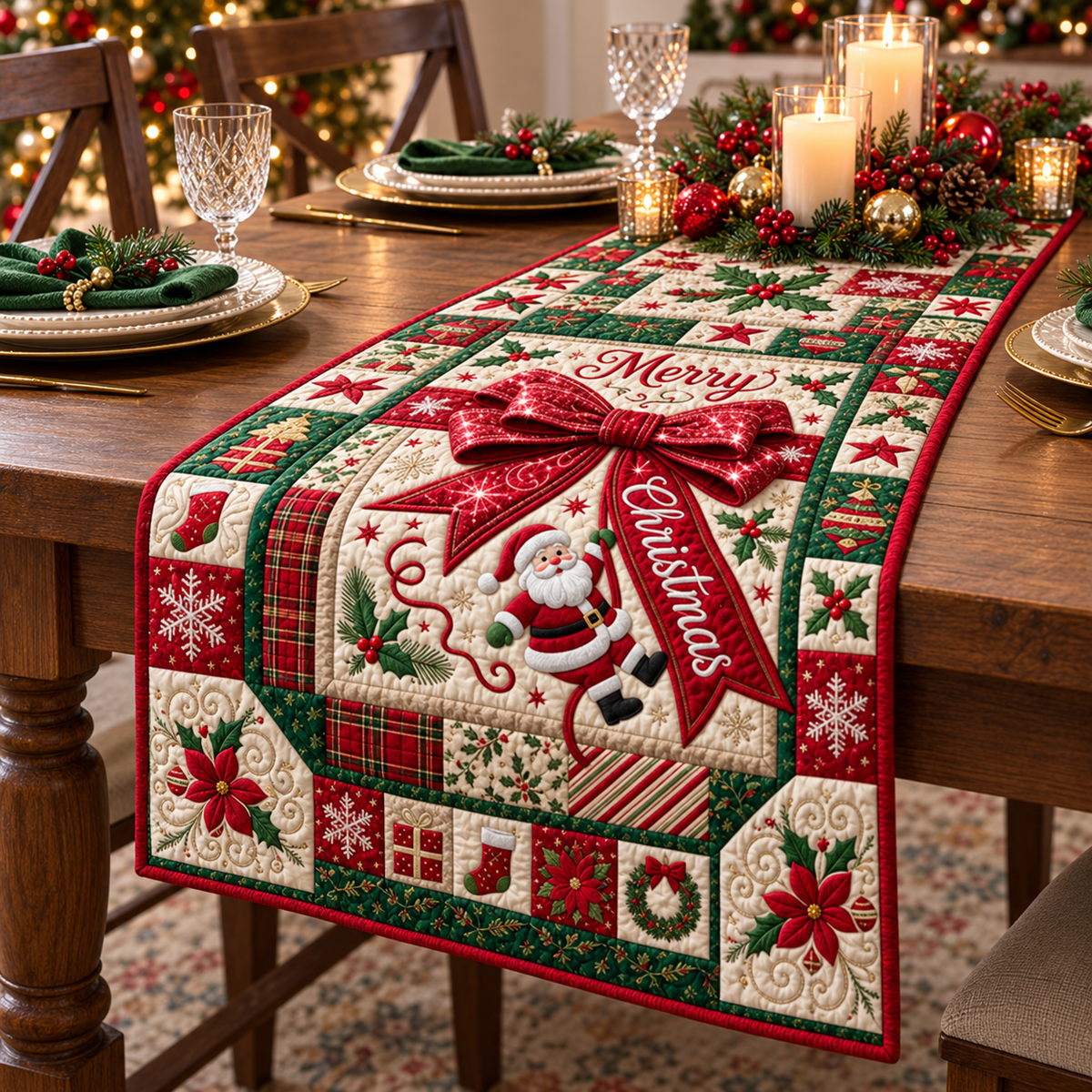 Santa Red Bow Quilted Table Runner - quilted table runner on dining table
