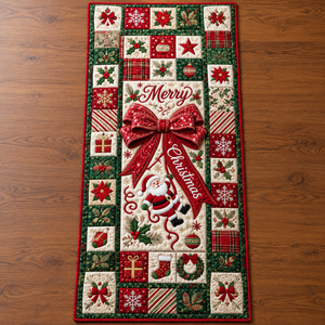 Santa Red Bow Quilted Table Runner - quilted table runner