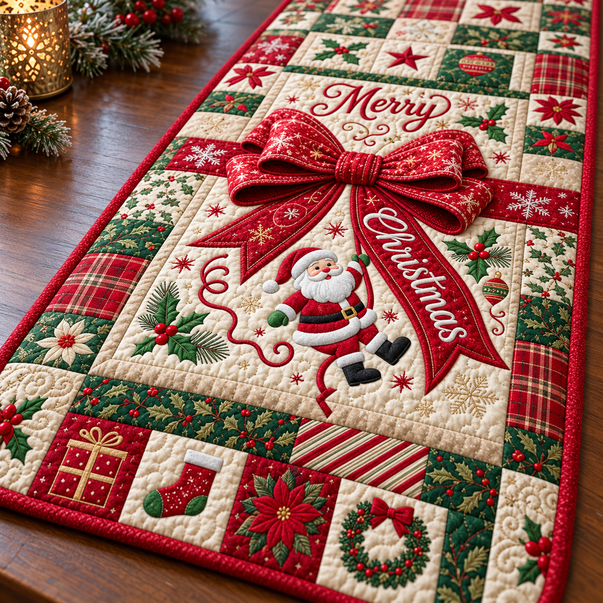 Santa Red Bow Quilted Table Runner - quilted table runner close-up