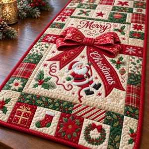 Santa Red Bow Quilted Table Runner - quilted table runner close-up