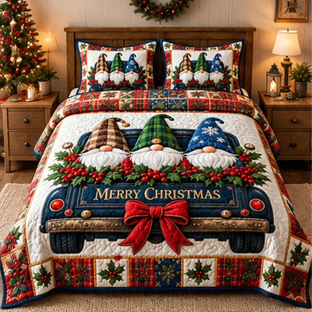 Christmas Gnomes Truck Quilted Bedding Set - quilted bedding set