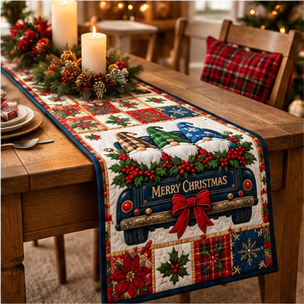 Gnome Truck Quilted Table Runner - quilted table runner on dining table