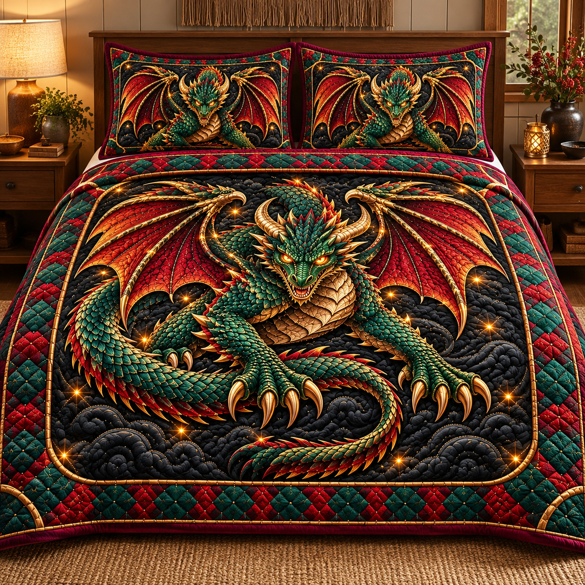 Emerald Red Dragon Quilted Bedding Set - quilted bedding set