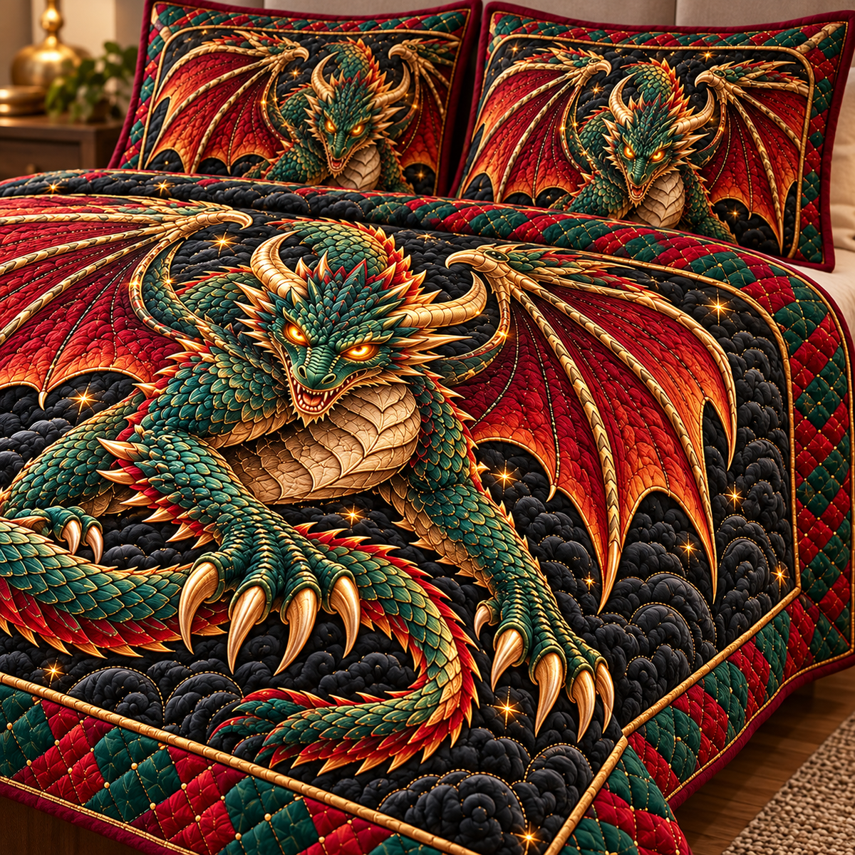 Emerald Red Dragon Quilted Bedding Set - quilted bedding set close-up