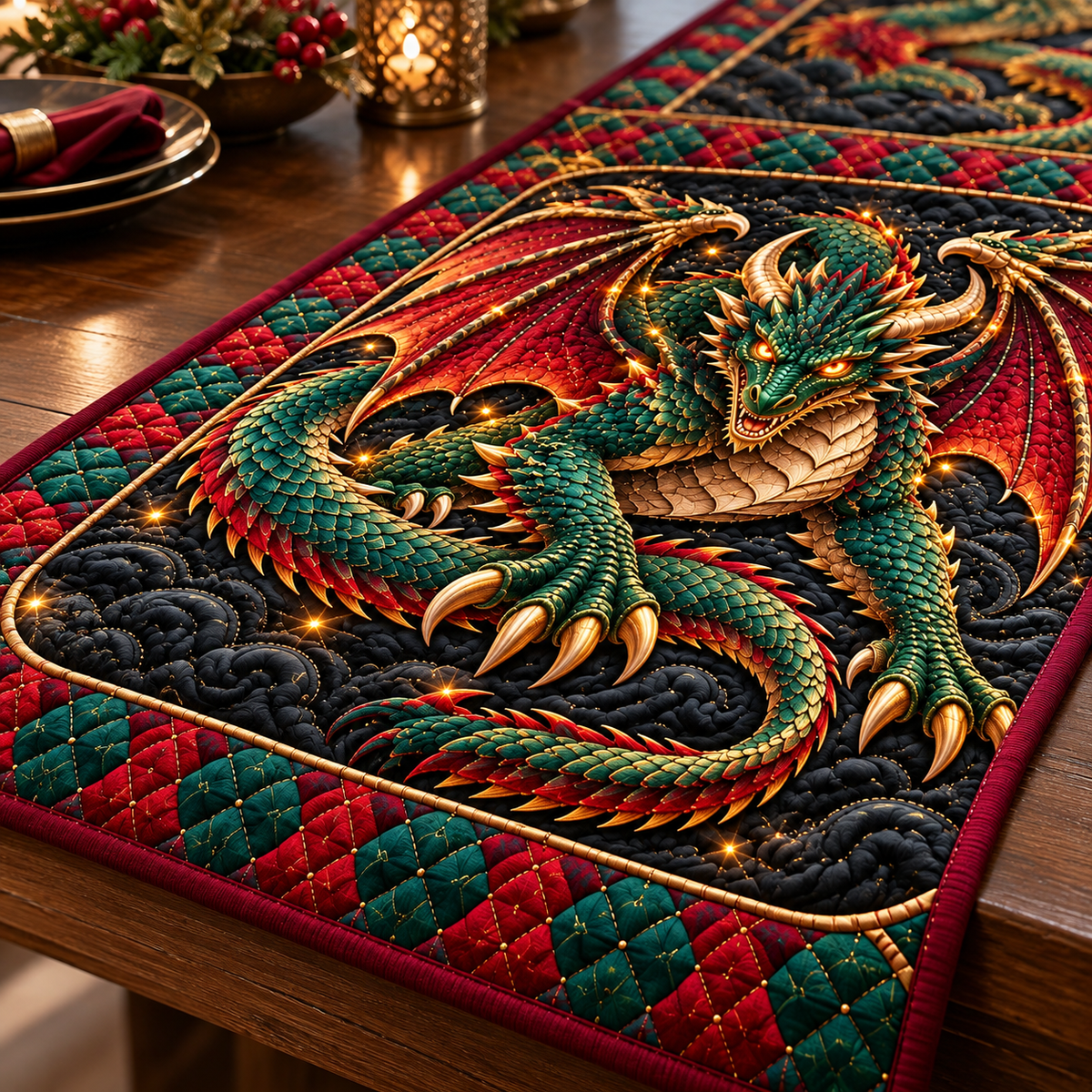 Emerald Dragon Quilted Table Runner - quilted table runner close-up