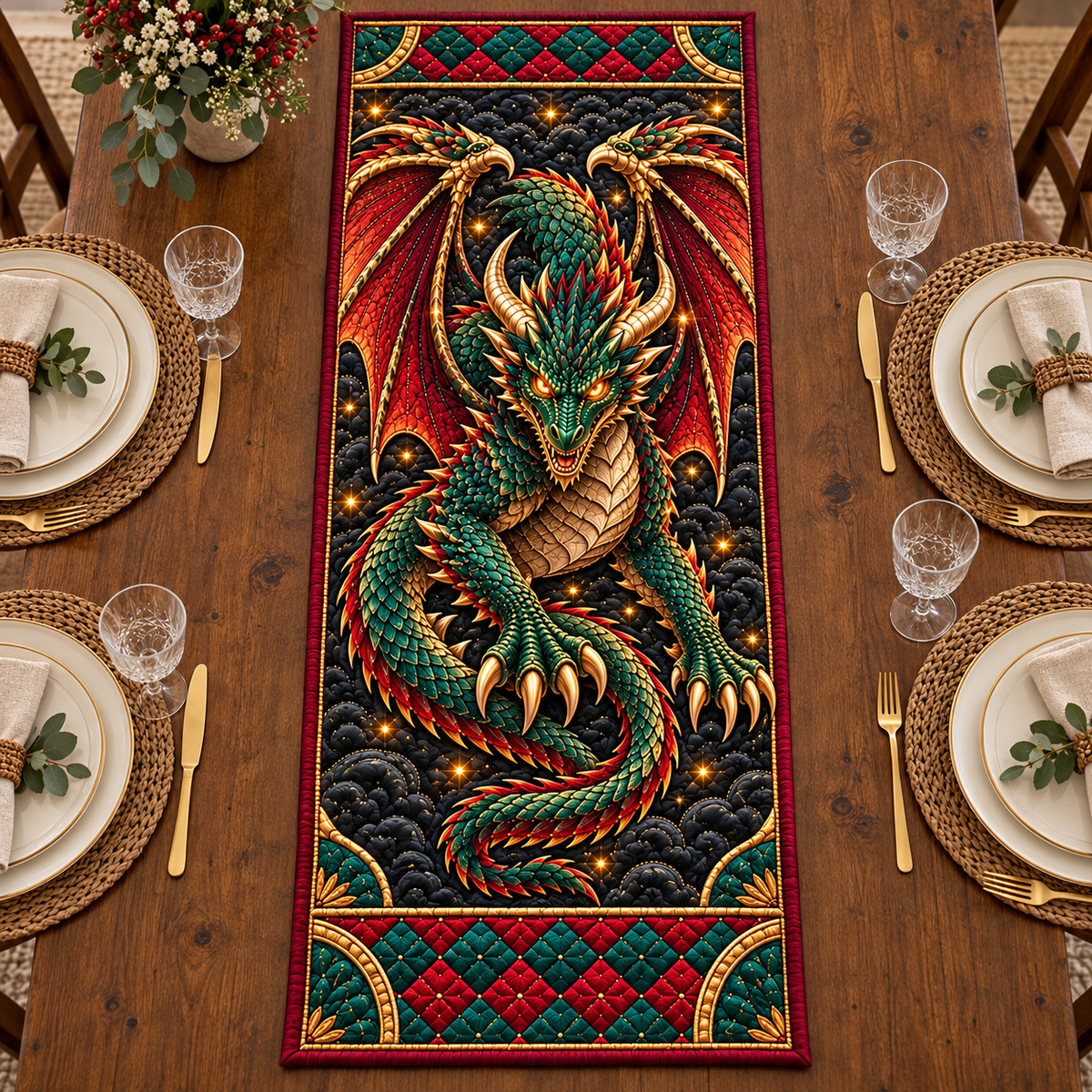 Emerald Dragon Quilted Table Runner - quilted table runner
