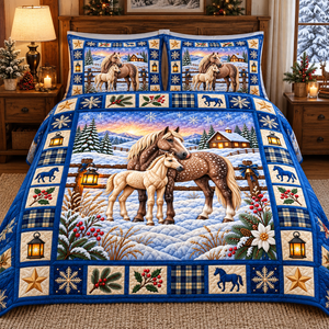 Snowy Horse And Foal Quilted Bedding Set - quilted bedding set