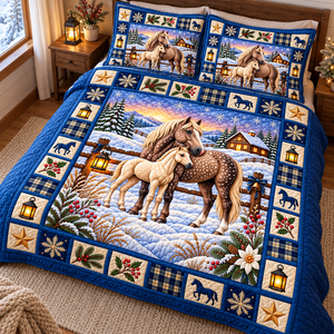 Snowy Horse And Foal Quilted Bedding Set - quilted bedding set in bedroom