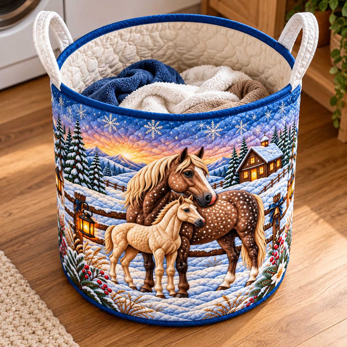 Snowy Horse Christmas Gifts Laundry Basket - laundry basket close-up