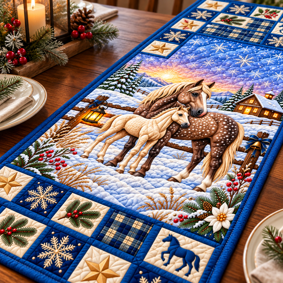 Snowy Horse Quilted Table Runner - quilted table runner close-up