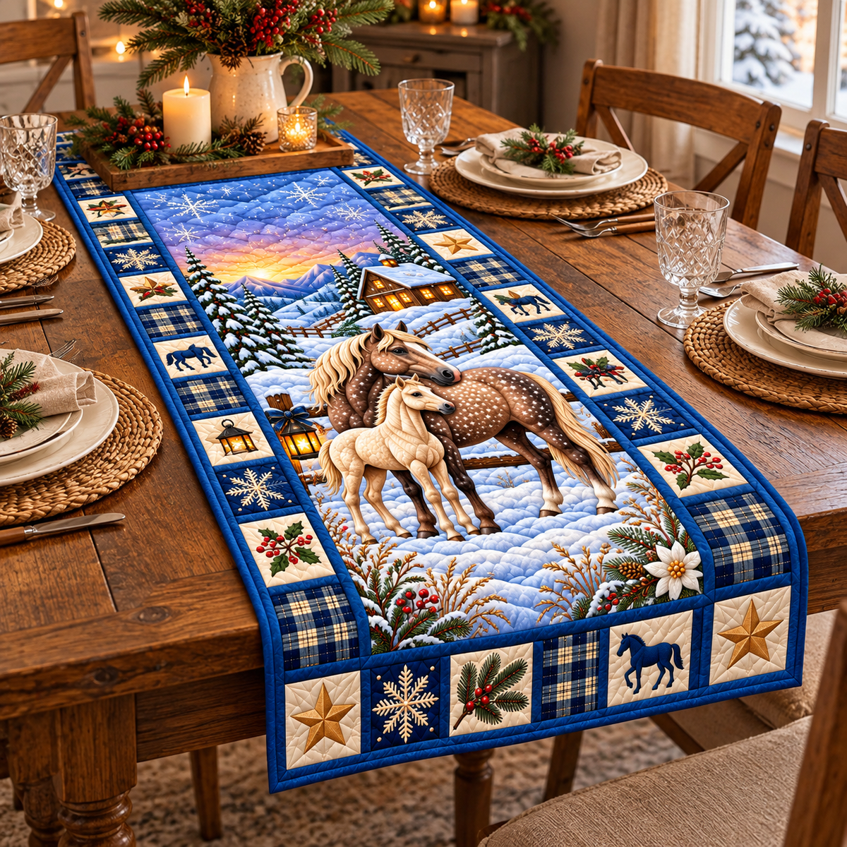 Snowy Horse Quilted Table Runner - quilted table runner on dining table