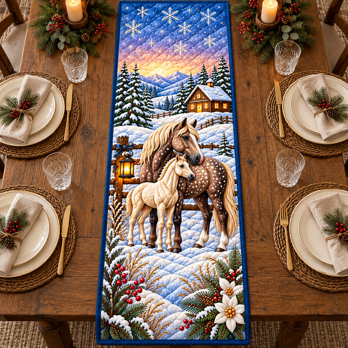 Snowy Horse Quilted Table Runner - quilted table runner