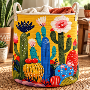 Yellow Cactus Christmas Gifts quilted laundry hamper in room