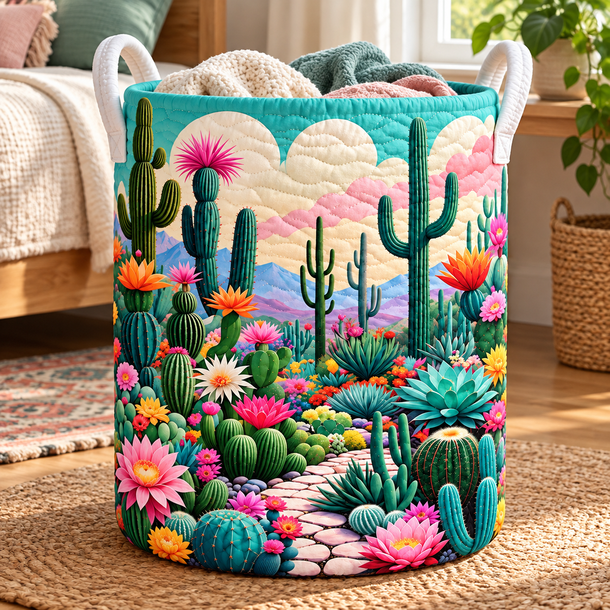 Cactus Flower Christmas Gifts quilted laundry hamper in room