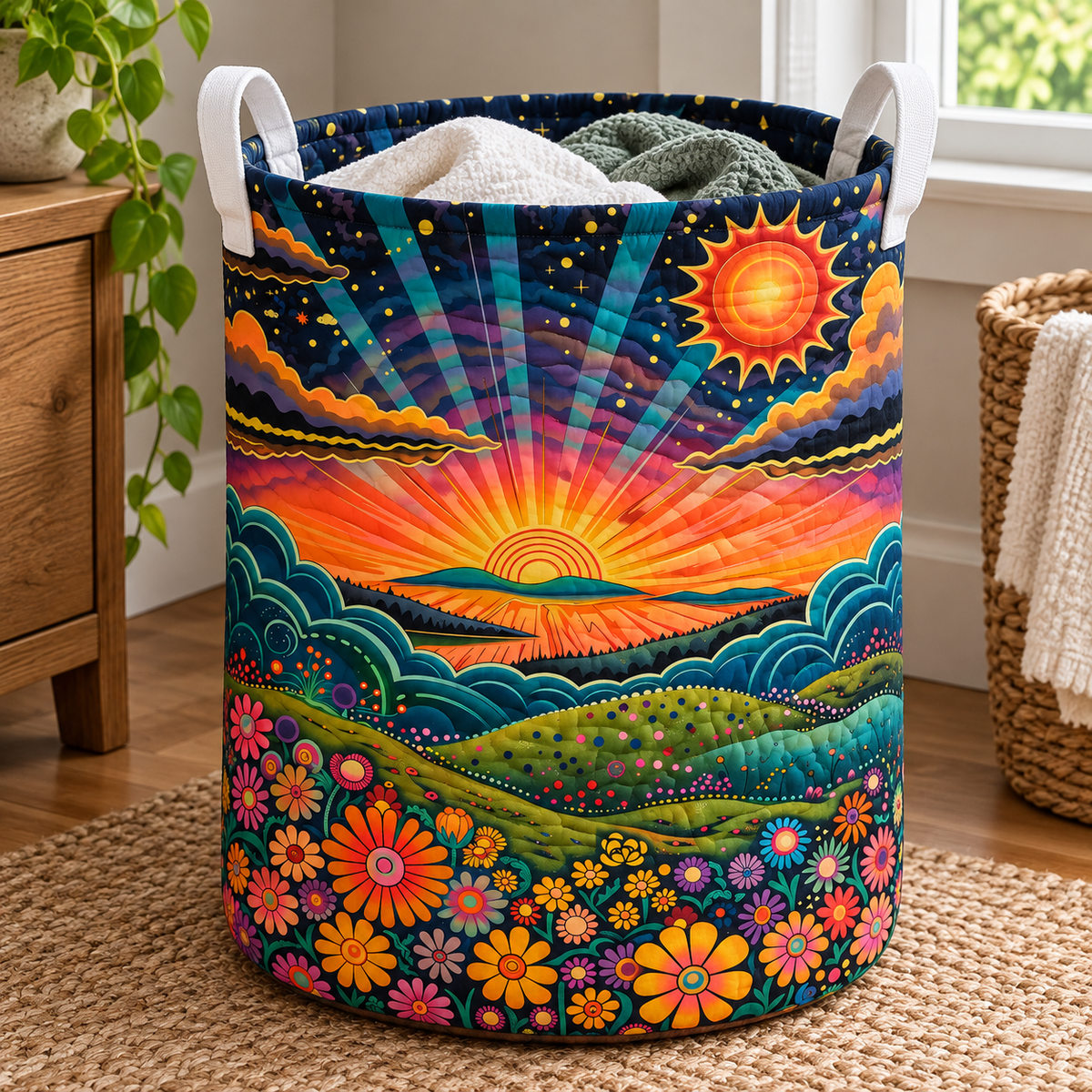 Retro Sunset Christmas Gifts quilted laundry hamper in room