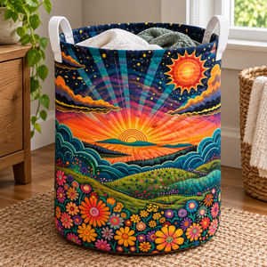 Retro Sunset Christmas Gifts quilted laundry hamper in room