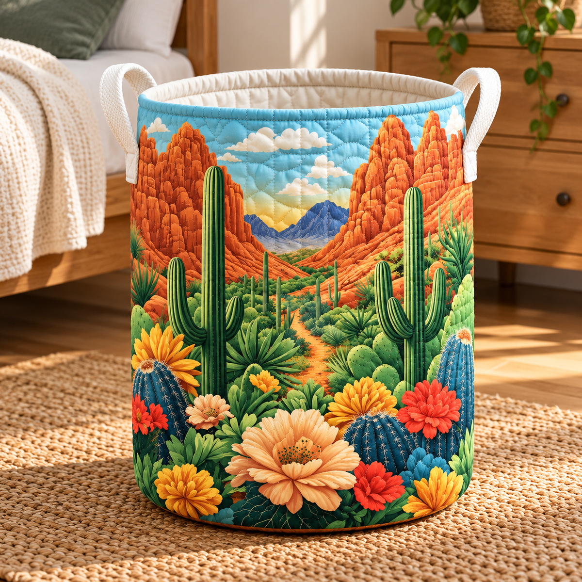 Red Rock Cactus Christmas Gifts quilted laundry hamper in room