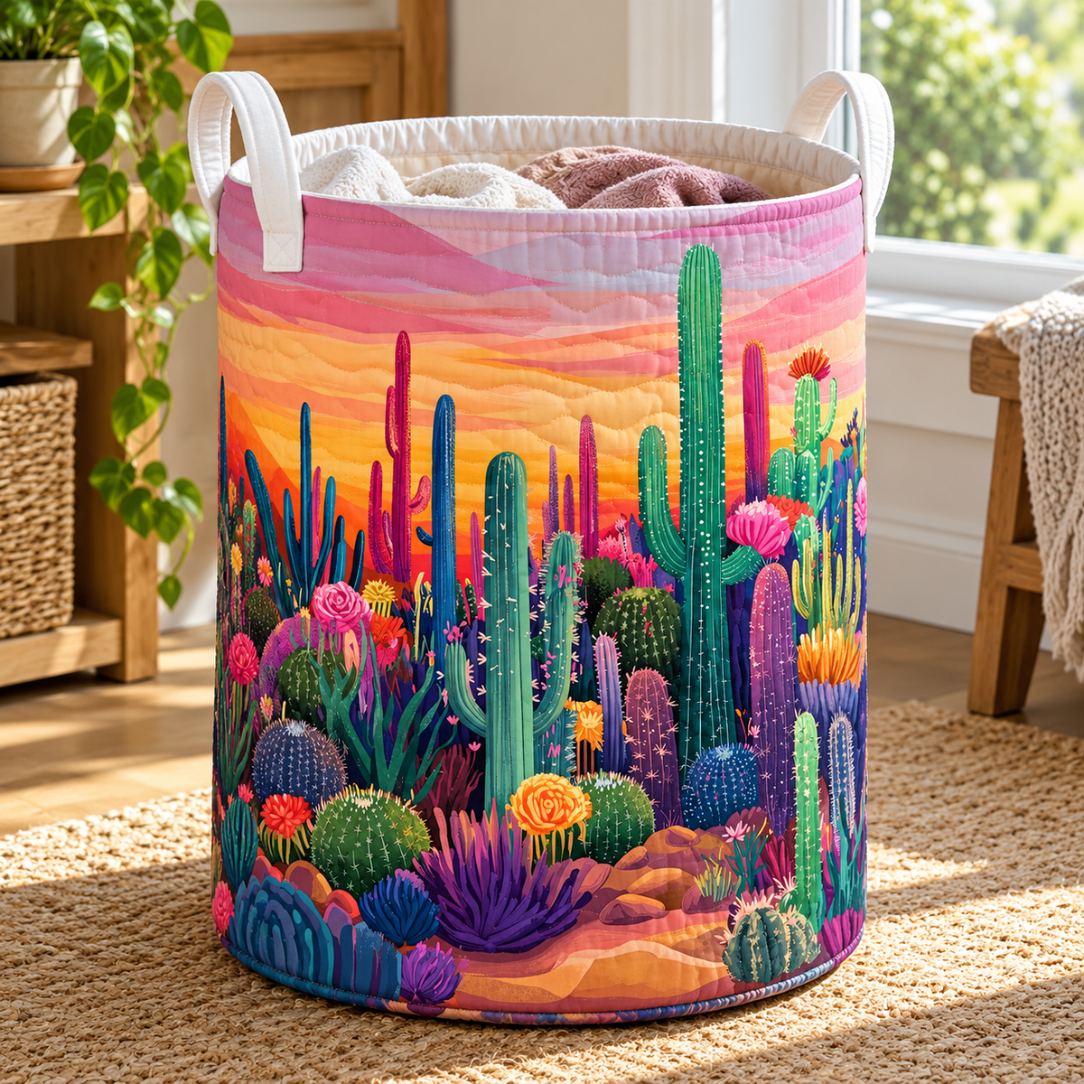Pink Sunset Cactus Christmas Gifts quilted laundry hamper in room