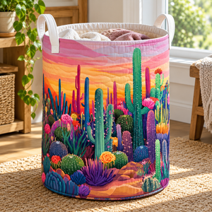 Pink Sunset Cactus Christmas Gifts quilted laundry hamper in room