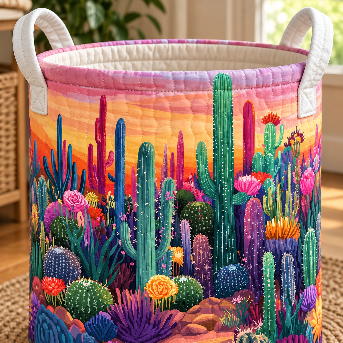 Pink Sunset Cactus Christmas Gifts laundry basket close-up