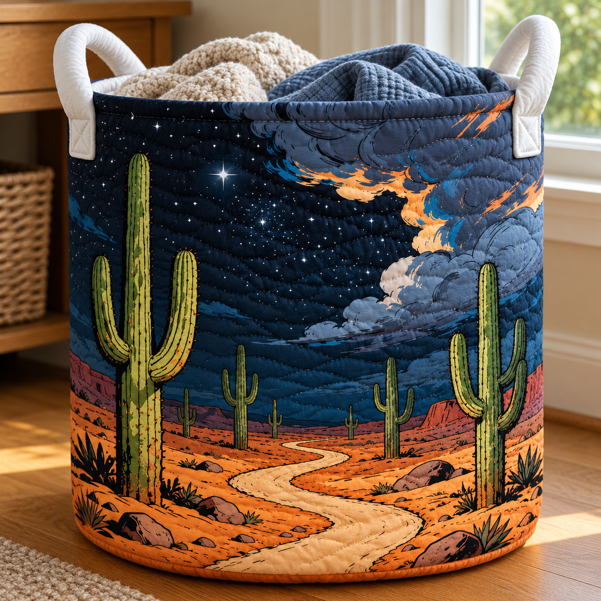 Starry Night Saguaro Christmas Gifts laundry basket close-up