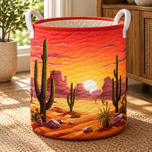 Orange Sunset Saguaro Christmas Gifts quilted laundry hamper in room