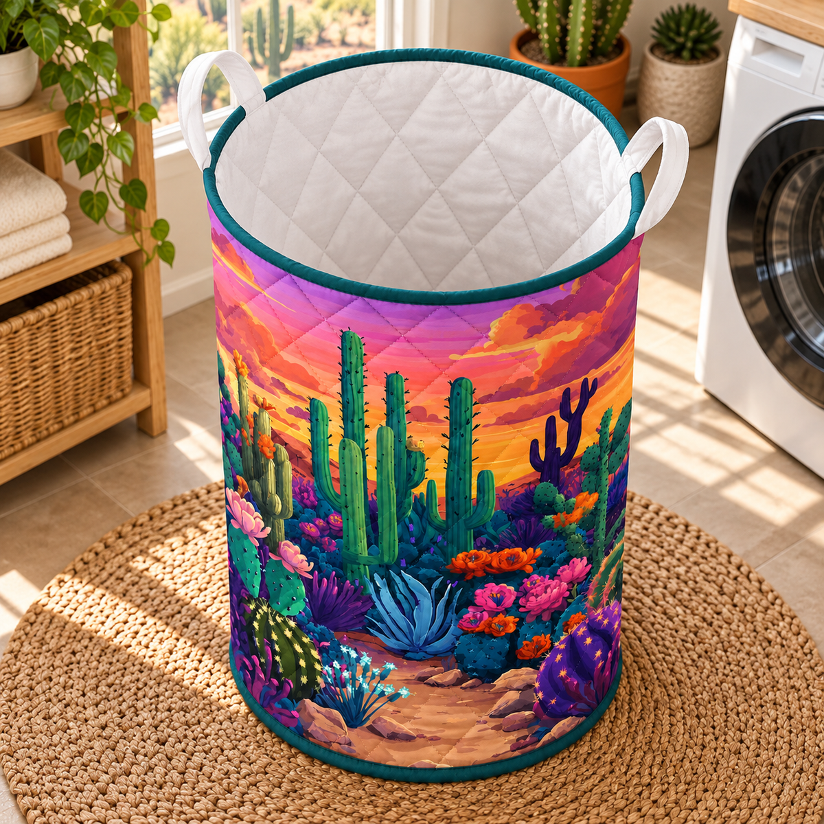 Purple Desert Cactus Christmas Gifts quilted laundry hamper in room