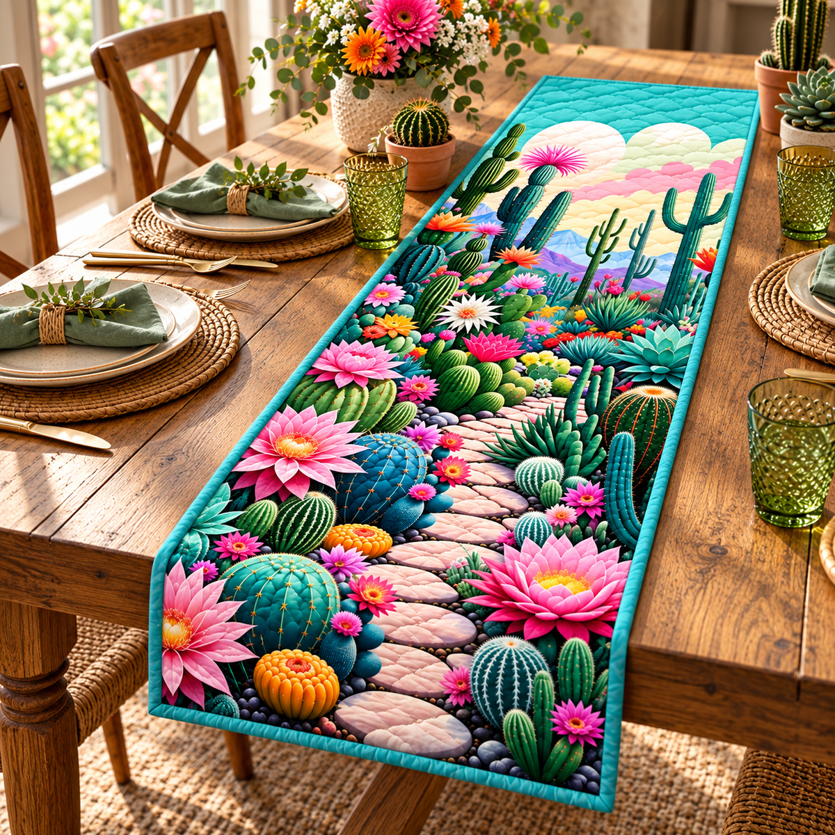 Cactus Flower quilted table runner on dining table