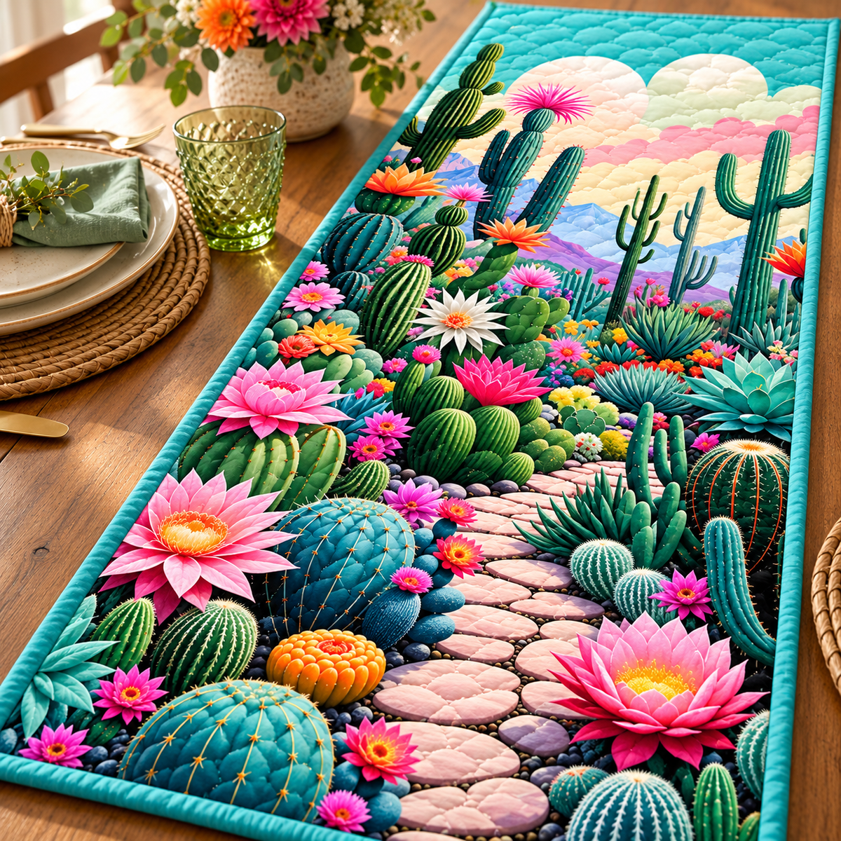 Cactus Flower quilted table runner close-up