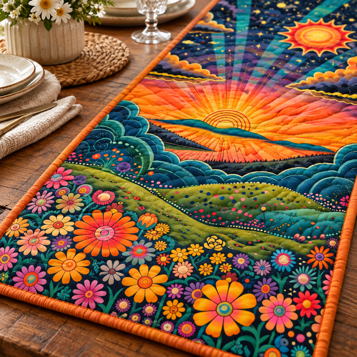 Retro Sunset quilted table runner close-up