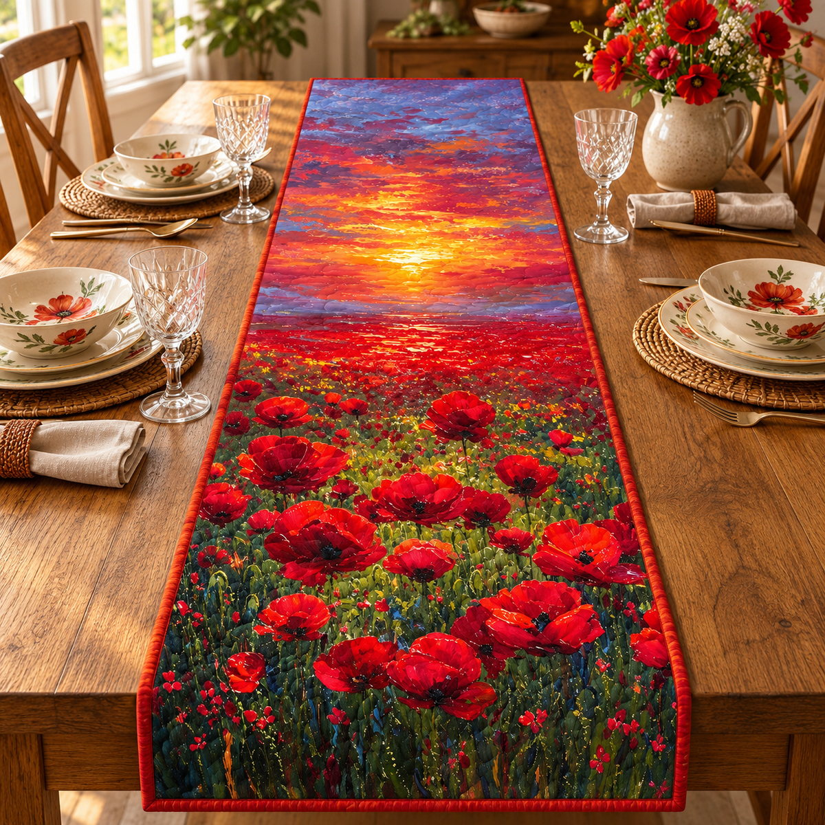 Red Poppy quilted table runner