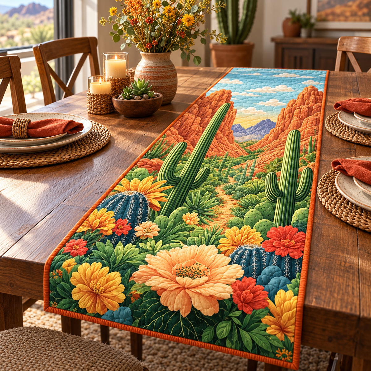 Red Rock Cactus quilted table runner on dining table