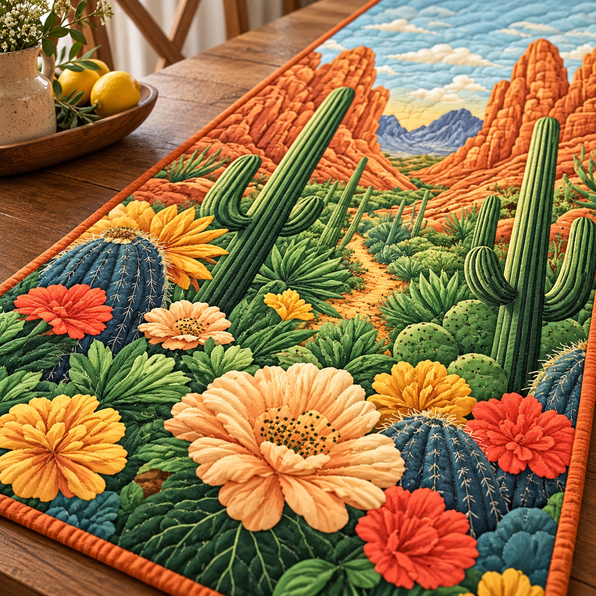 Red Rock Cactus quilted table runner close-up