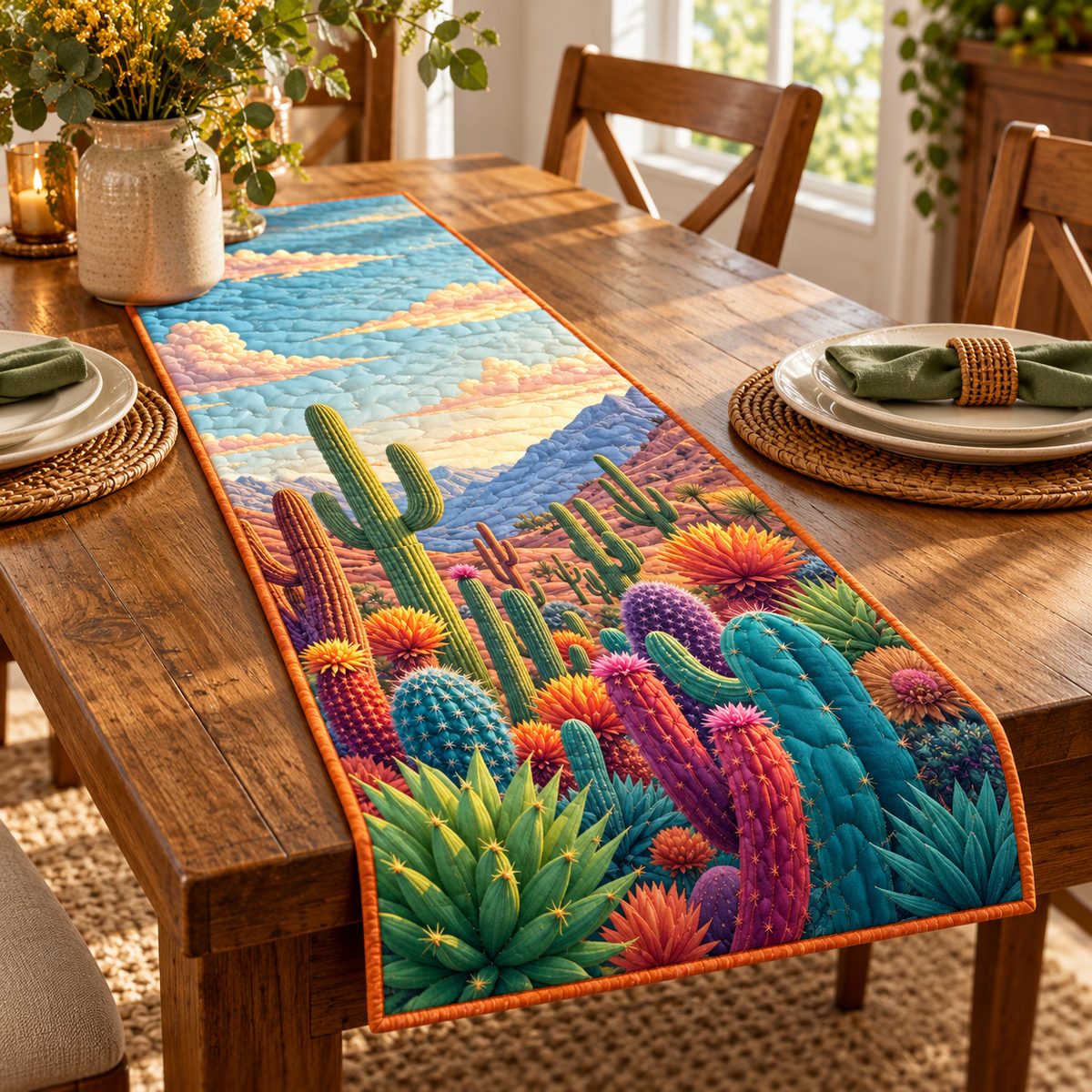 Pastel Cactus quilted table runner on dining table