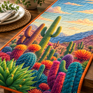 Pastel Cactus quilted table runner close-up