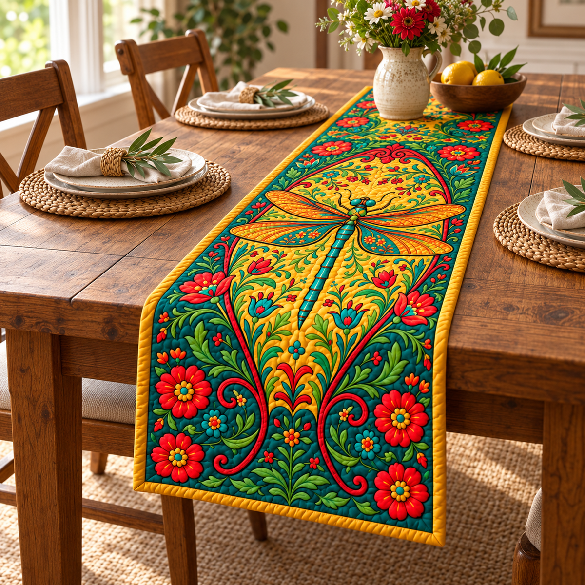 Dragonfly quilted table runner on dining table