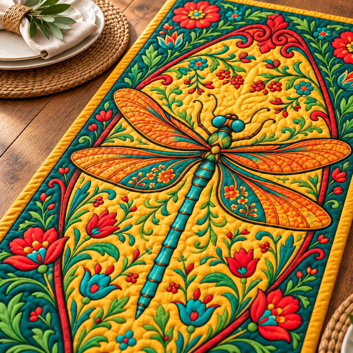Dragonfly quilted table runner close-up