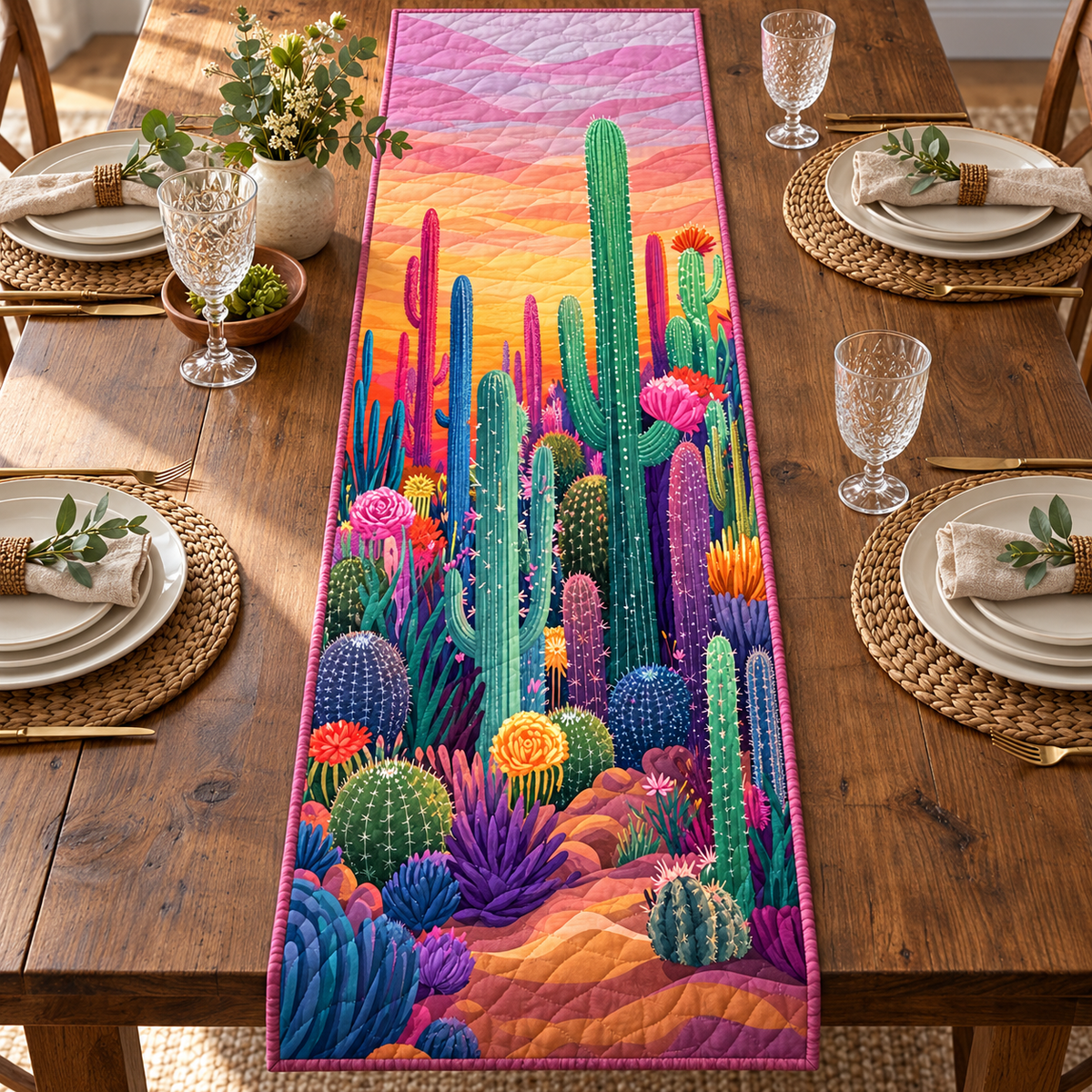 Pink Sunset Cactus quilted table runner