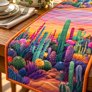 Pink Sunset Cactus quilted table runner close-up