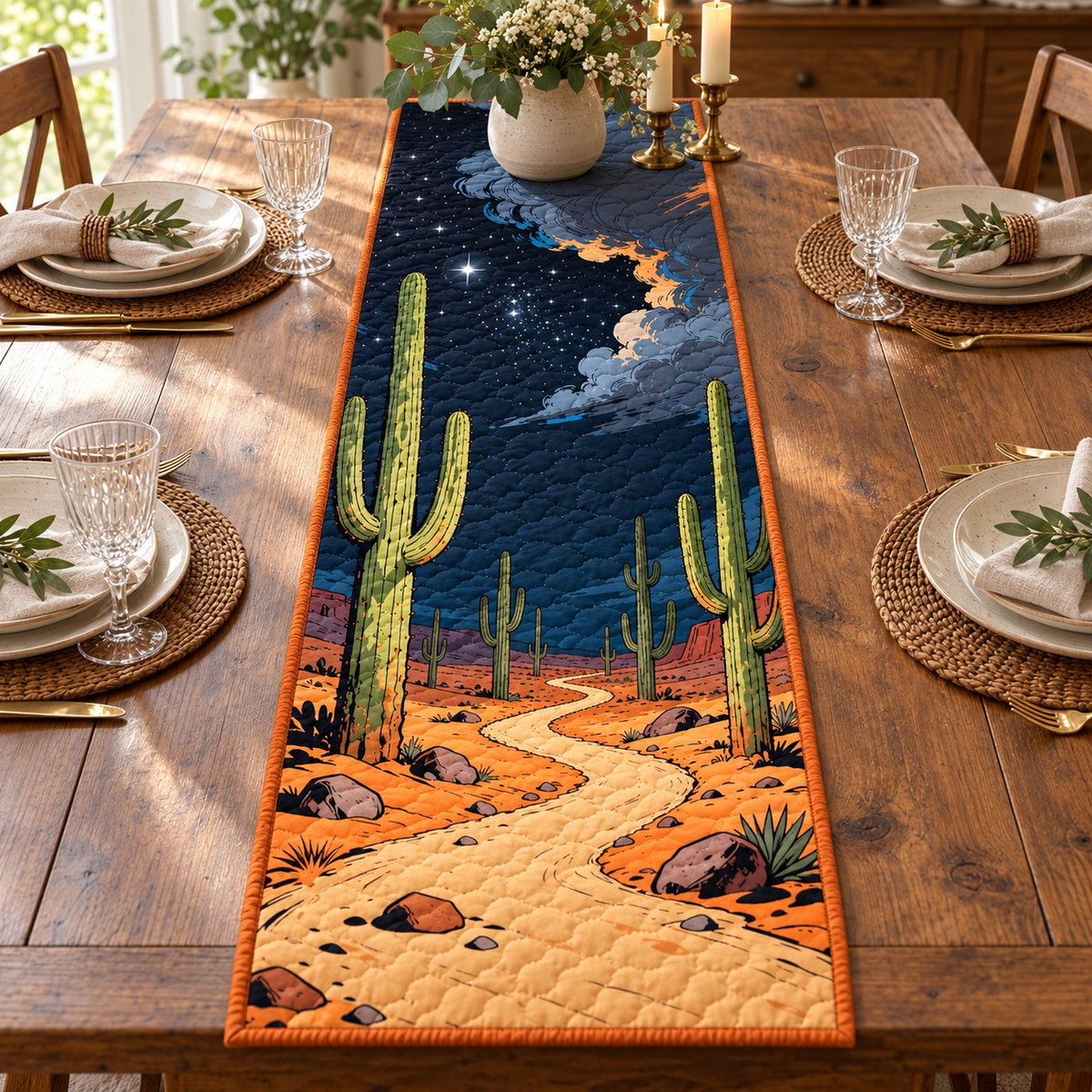 Starry Night Saguaro quilted table runner