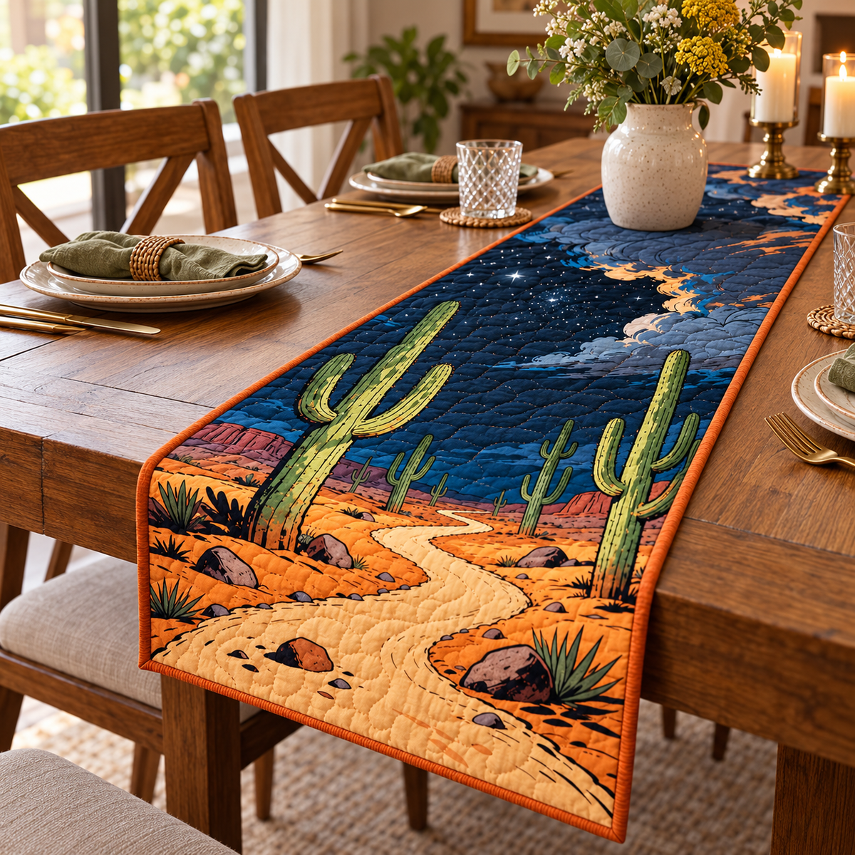 Starry Night Saguaro quilted table runner on dining table
